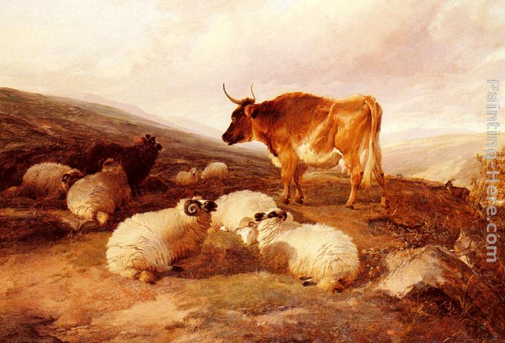 Rams And A Bull In A Highland Landscape painting - Thomas Sidney Cooper Rams And A Bull In A Highland Landscape art painting